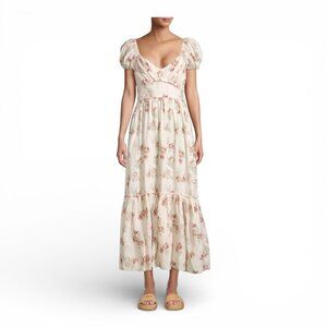 LoveShackFancy Angie Puff Sleeve Cream Floral Maxi Dress Size 2